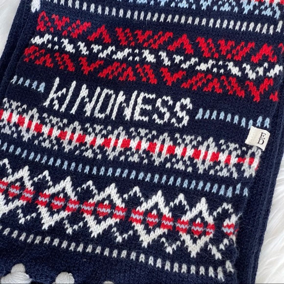 ♥️ELLEN DENGENERES hat and scarf fringe Pom Pom SET KINDNESS Navy Red Set - Picture 5 of 10